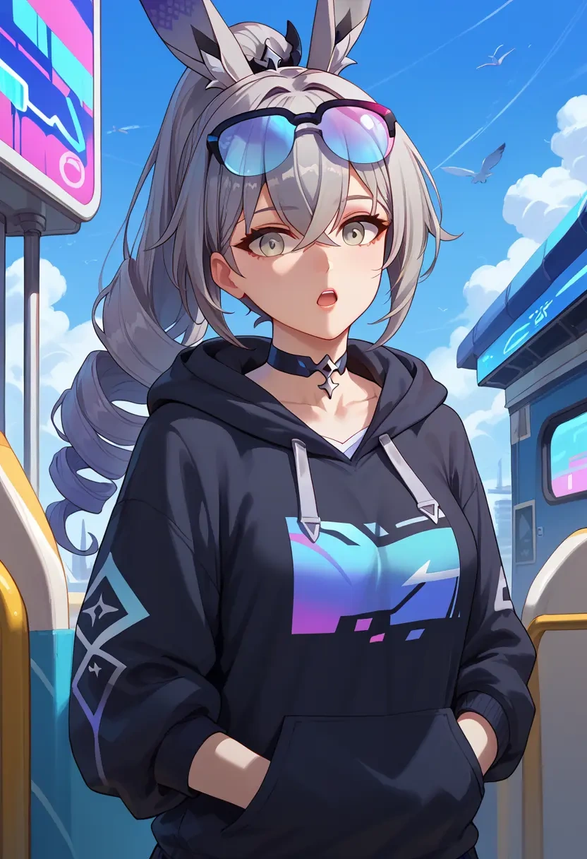 star rail,silver wolf,oversized graphic hoodie,thigh-high socks,shorts  - 